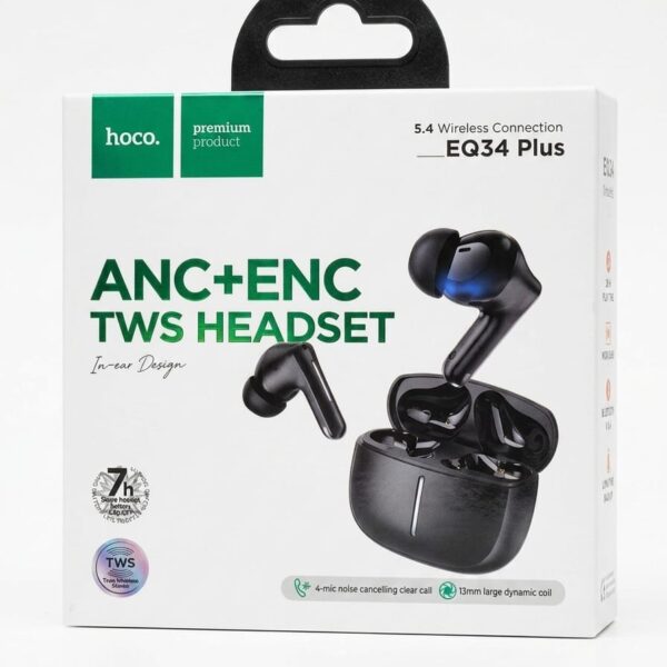 Hoco EQ34 Plus ANC+ENC Bluetooth Earbuds | Premium Sound Quality | Active Noise Cancellation | Clear Mic for Calls | Long Battery Life | Comfortable Fit | Ideal for Gaming, Music & Daily Use